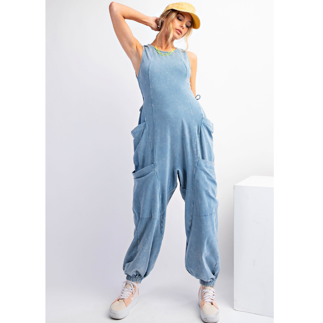 Sleeveless Washed Cargo Jumpsuit