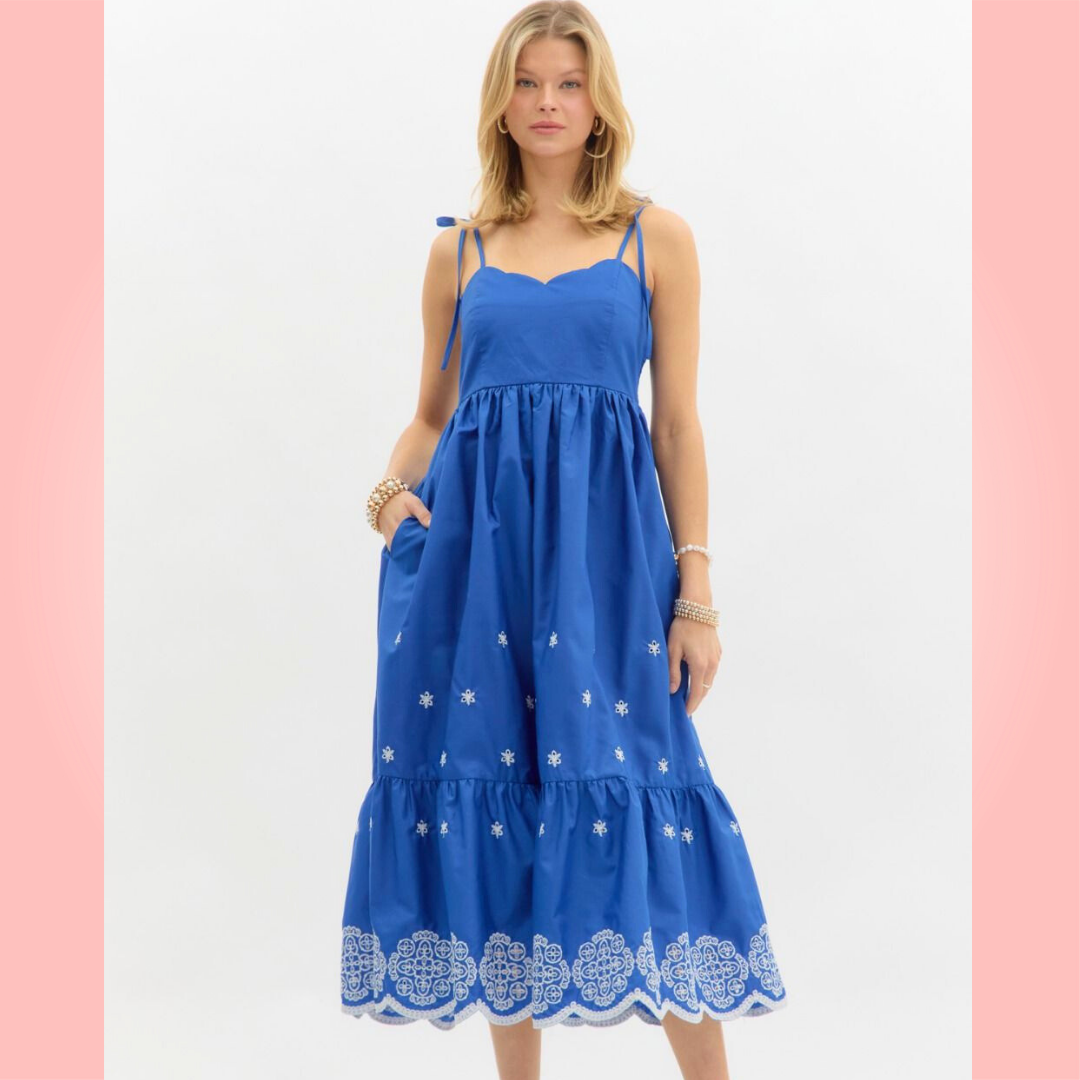 Blue Embroidered Midi Dress