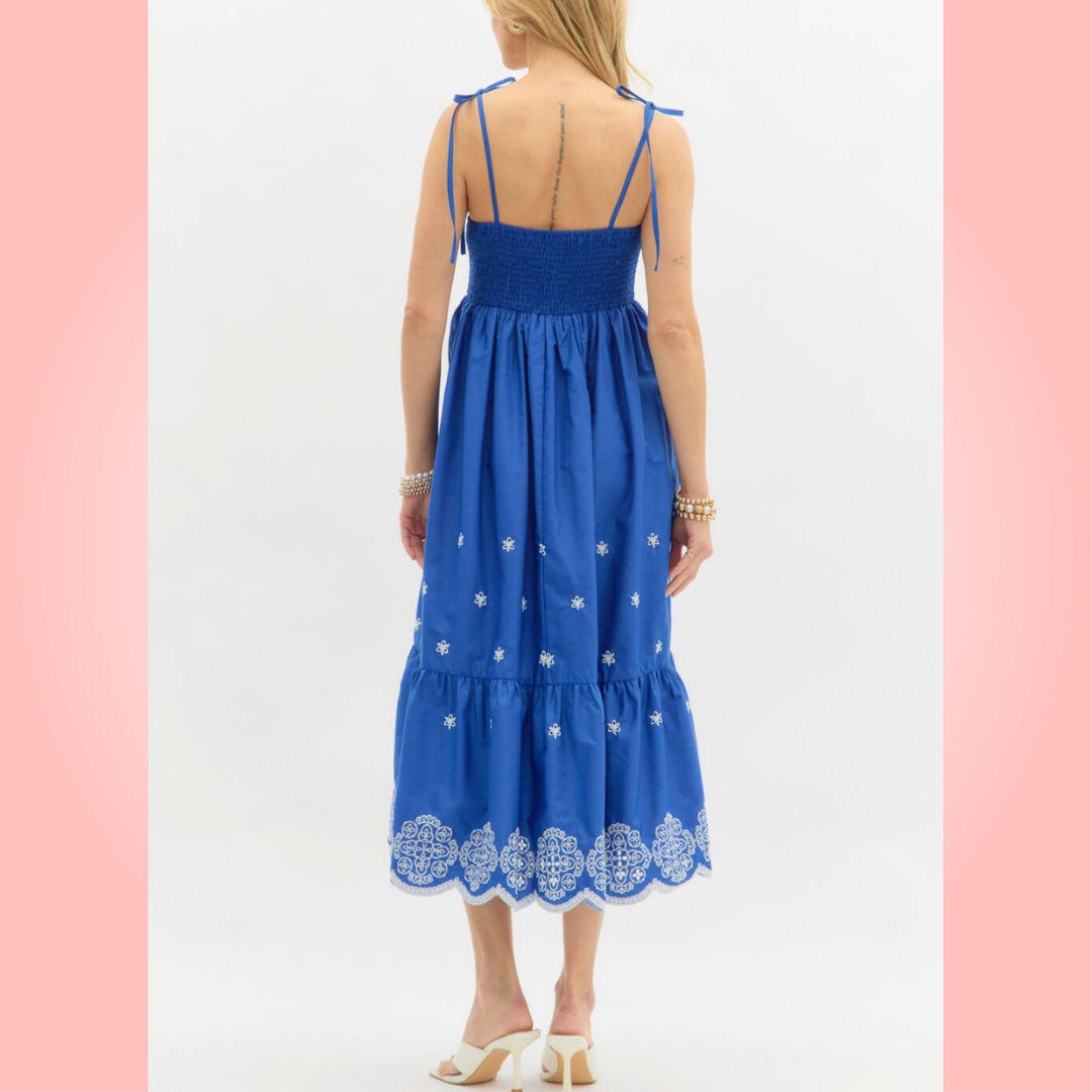 Blue Embroidered Midi Dress
