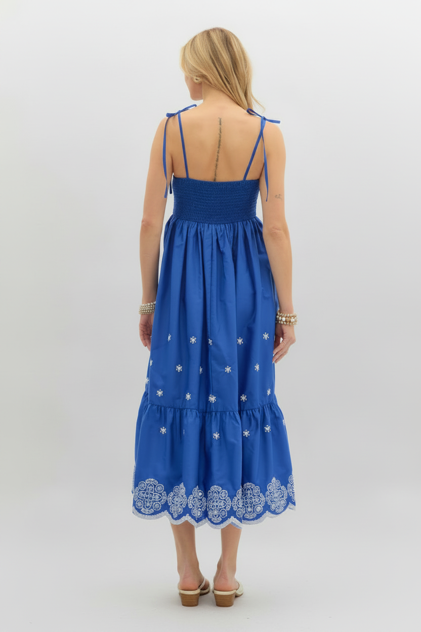 Blue Embroidered Midi Dress
