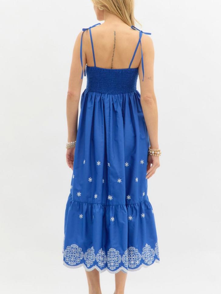 Blue Embroidered Midi Dress
