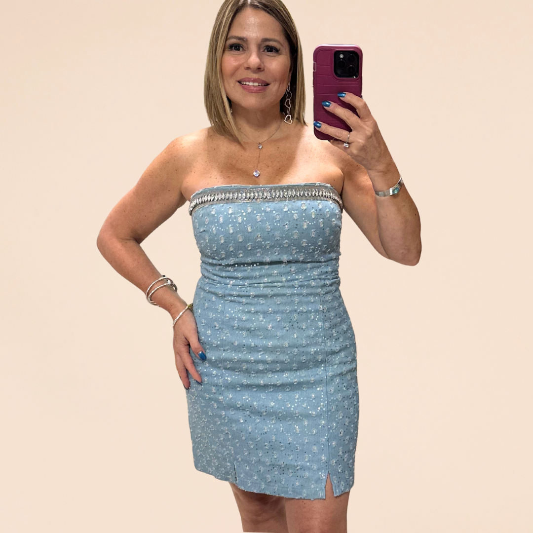 Denim Rhinestones Off Shoulder Dress