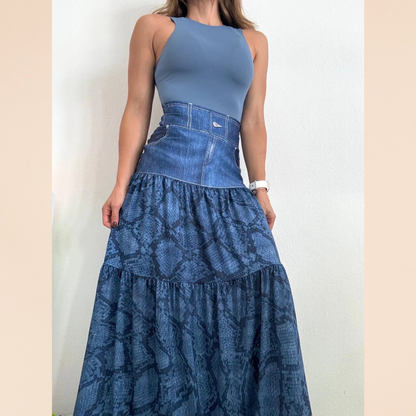 Denim Blue Snake Maxi Skirt
