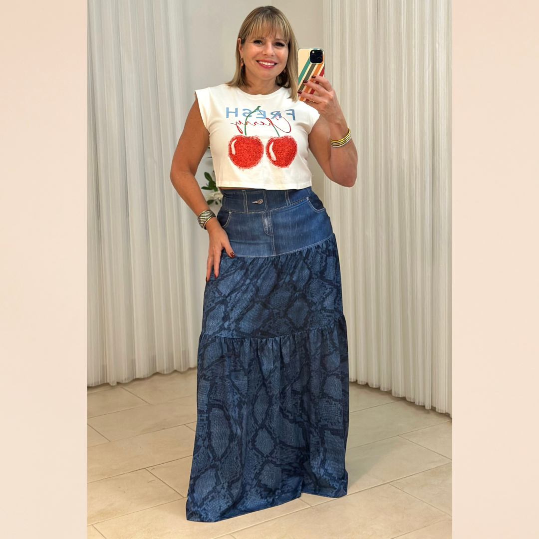 Denim Blue Snake Maxi Skirt