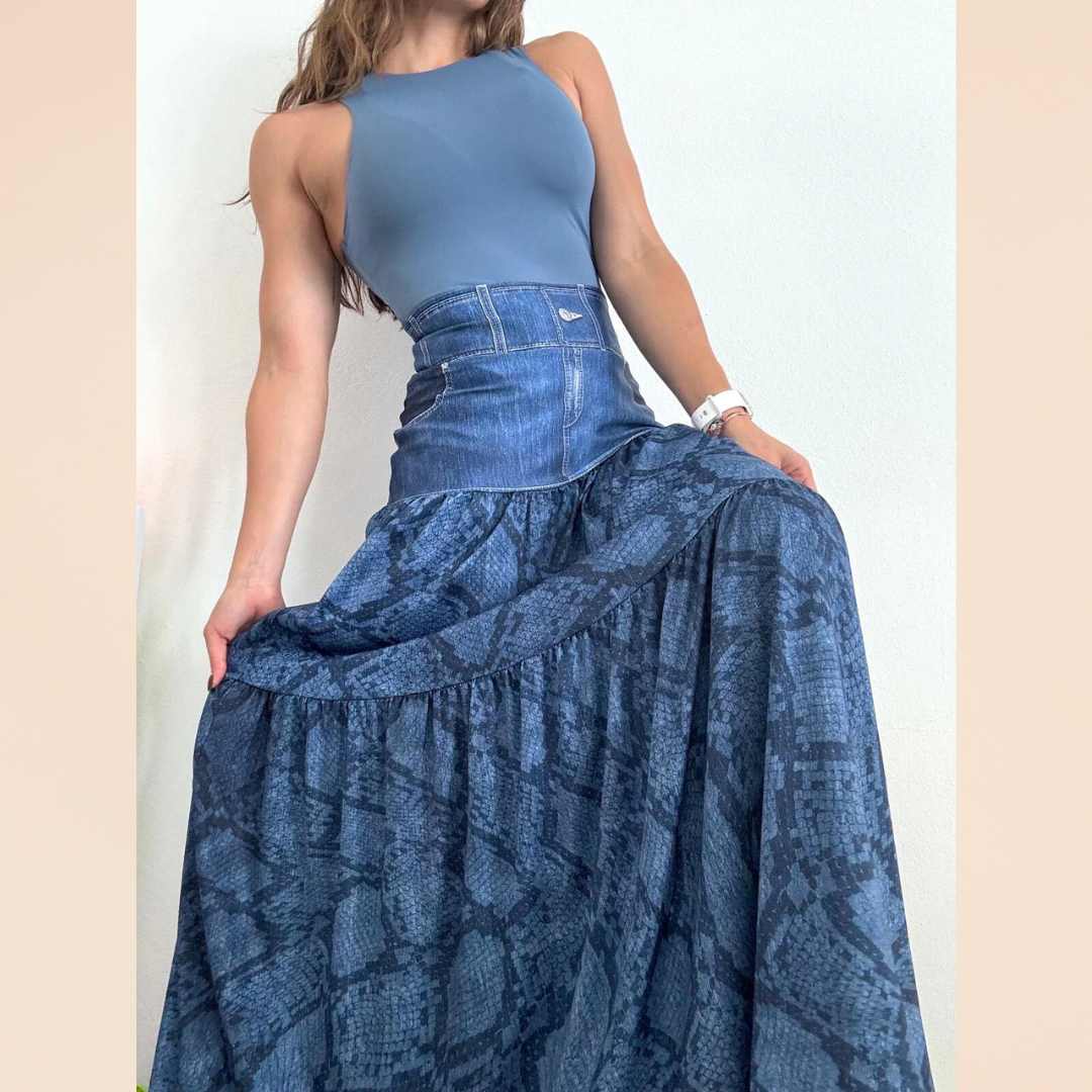 Denim Blue Snake Maxi Skirt