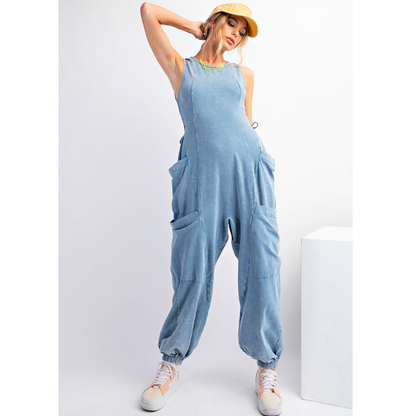 Sleeveless Washed Cargo Jumpsuit