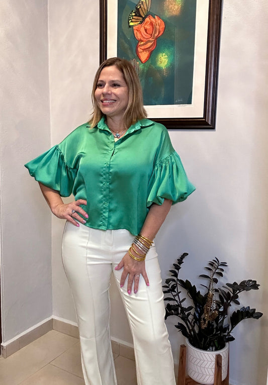 Satin Bubble Sleeve Shirt