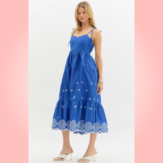 Blue Embroidered Midi Dress