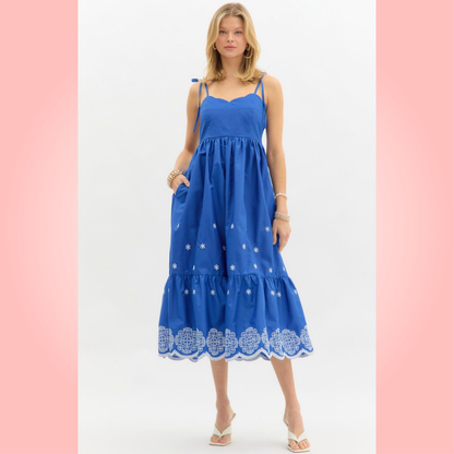 Blue Embroidered Midi Dress