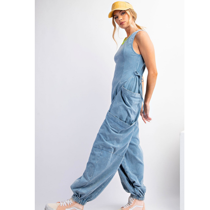 Sleeveless Washed Cargo Jumpsuit