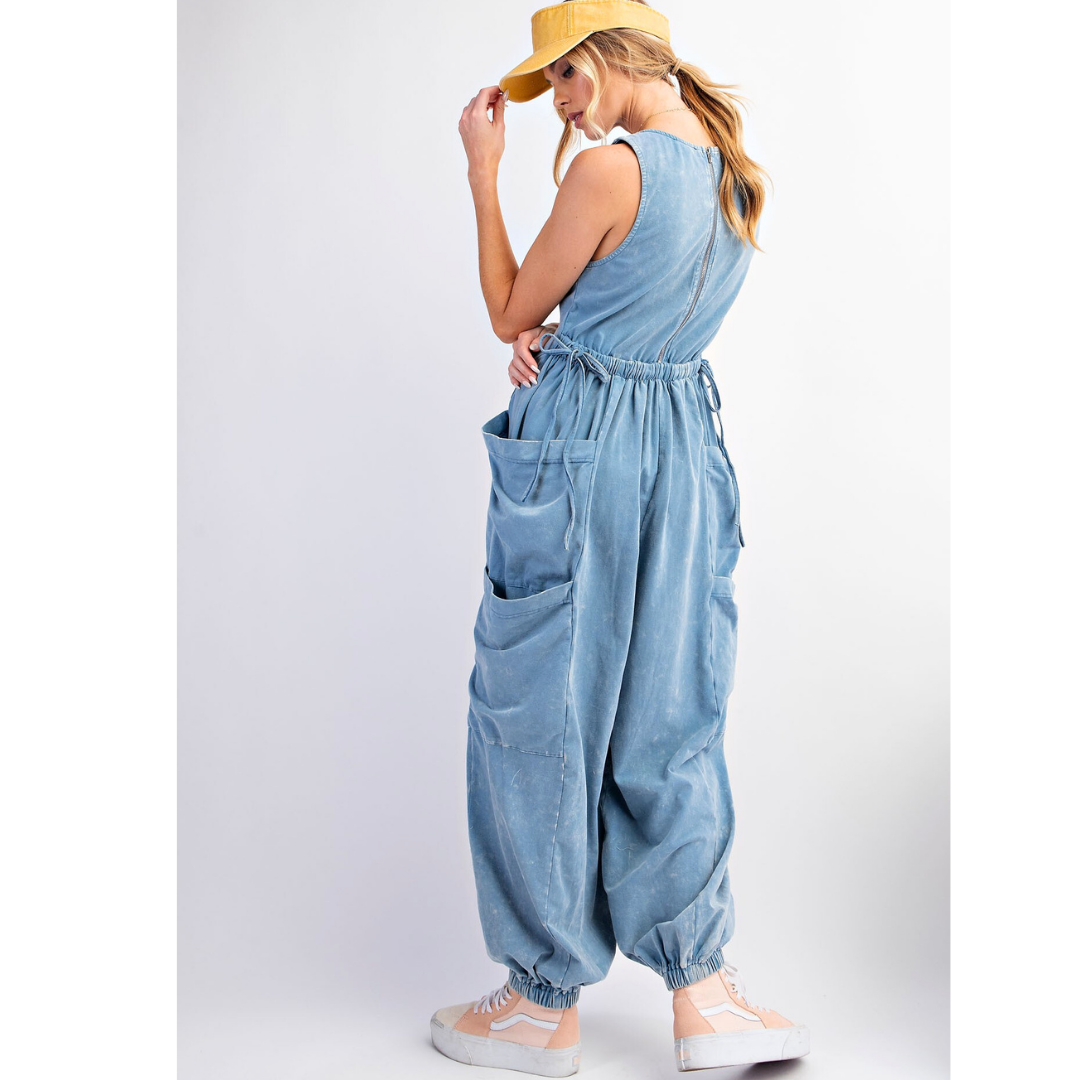 Sleeveless Washed Cargo Jumpsuit