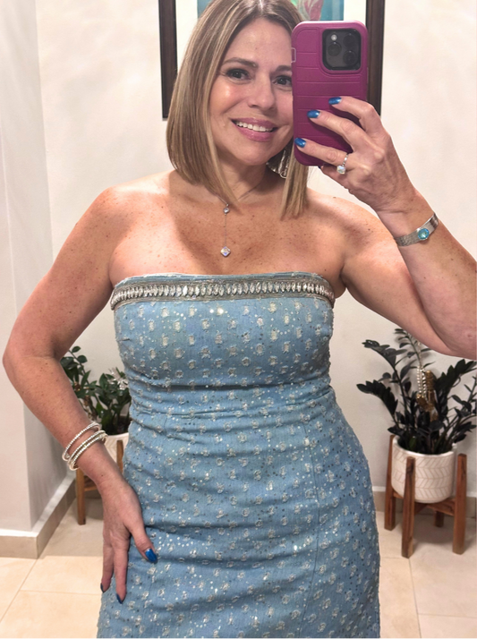 Denim Rhinestones Off Shoulder Dress