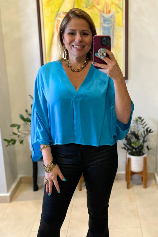 Ocean Blue Satin Blouse