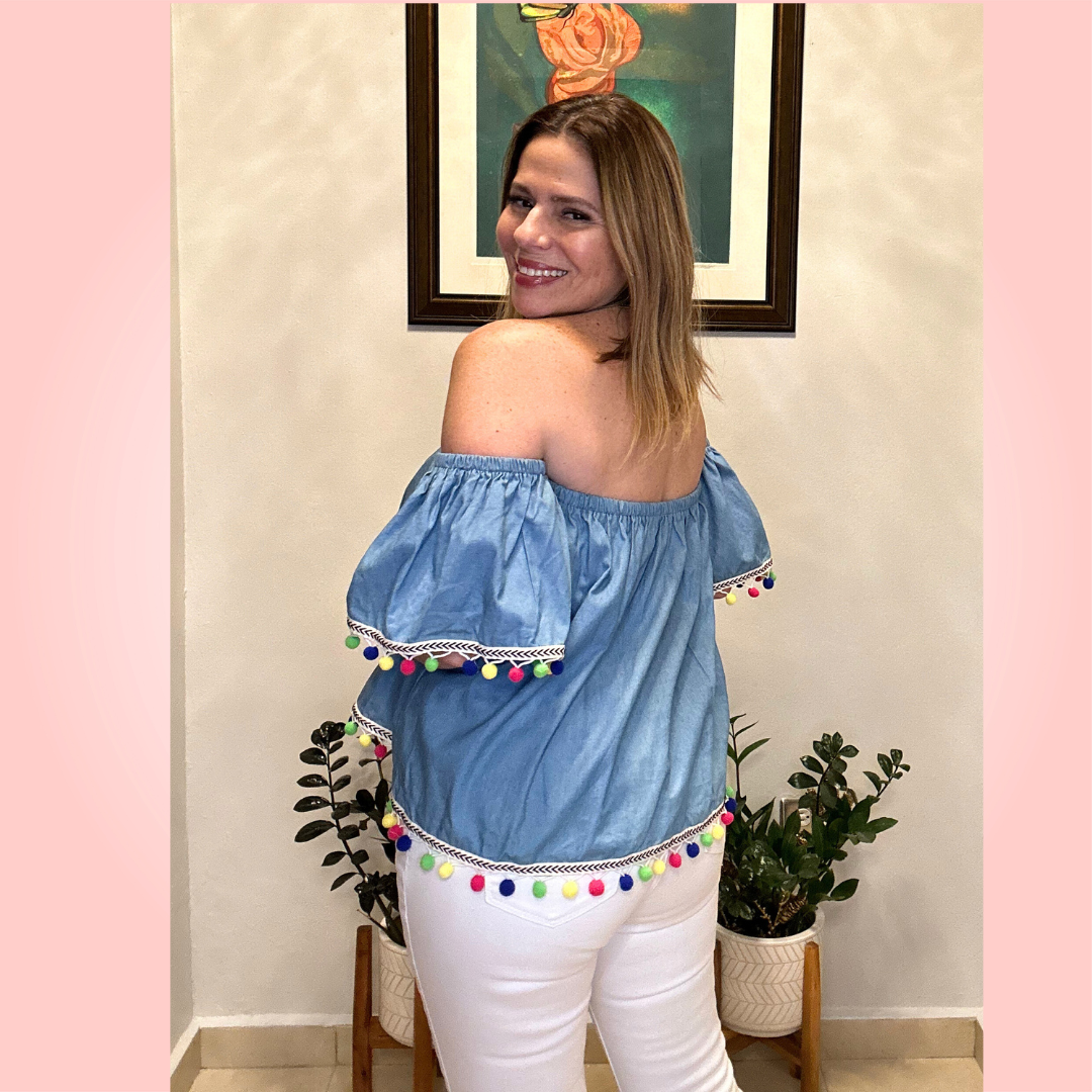 Light Denim Tassel Top