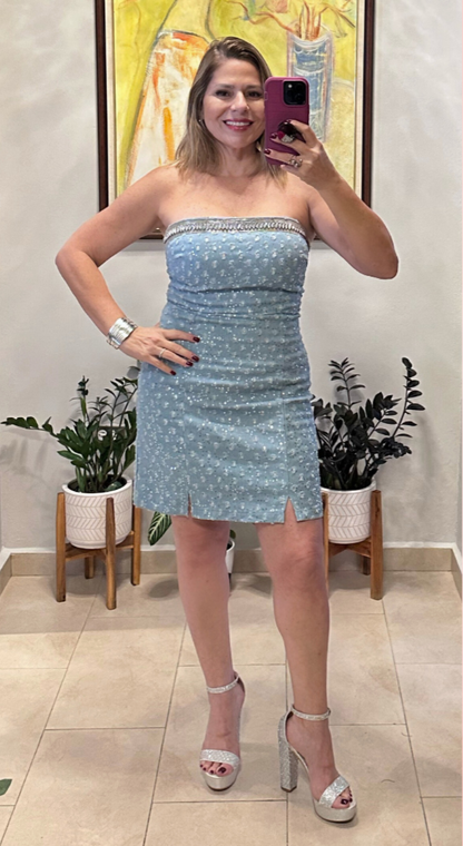 Denim Rhinestones Off Shoulder Dress