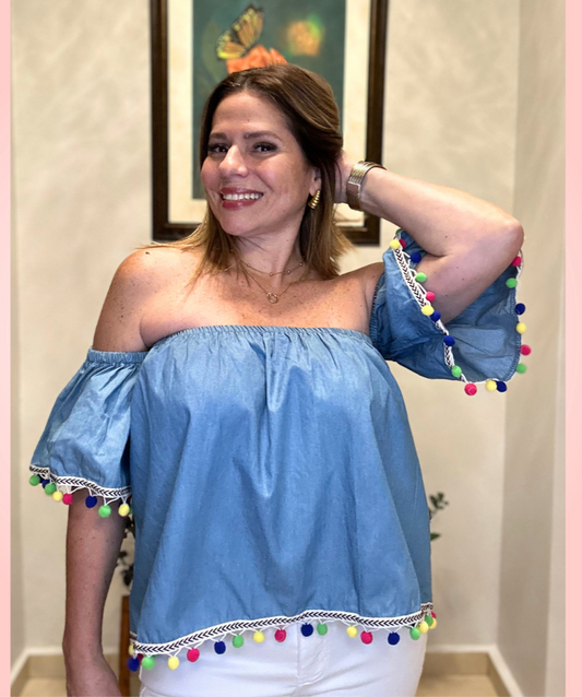 Light Denim Tassel Top