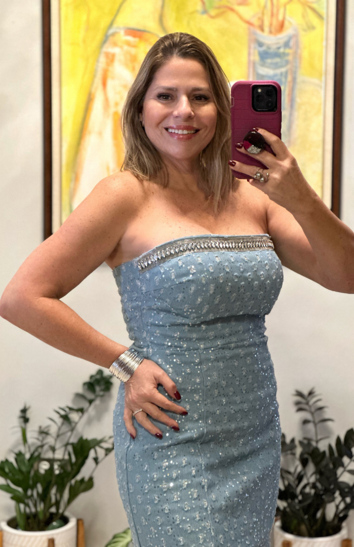 Denim Rhinestones Off Shoulder Dress