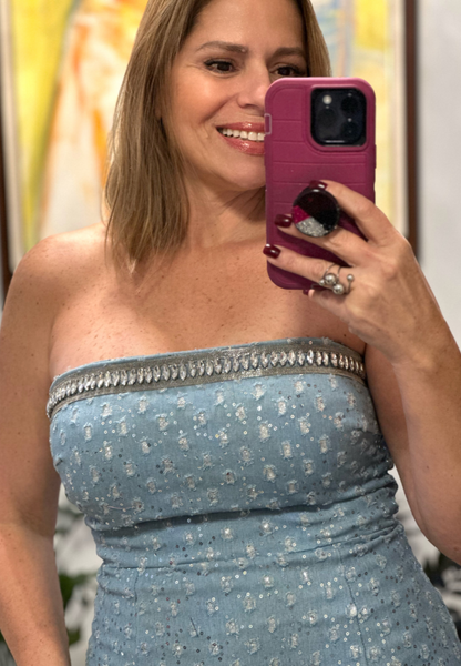 Denim Rhinestones Off Shoulder Dress