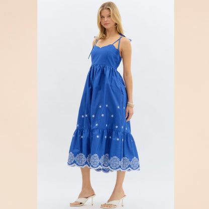 Blue Embroidered Midi Dress