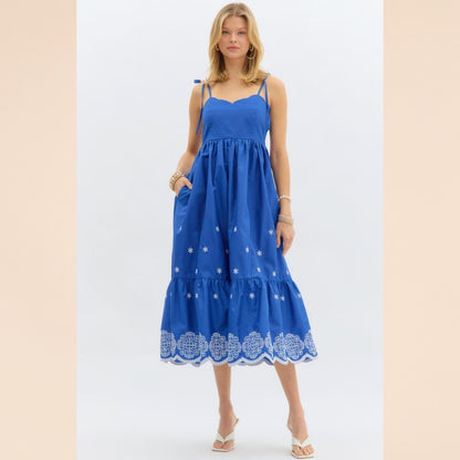 Blue Embroidered Midi Dress