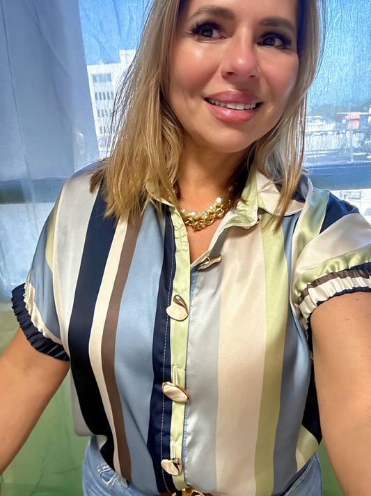 Button Accent Vertical Stripe Top