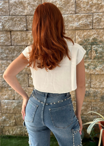 White Denim Crop Short Sleeve Top