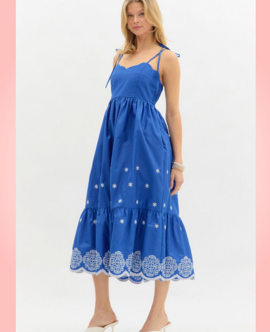 Blue Embroidered Midi Dress