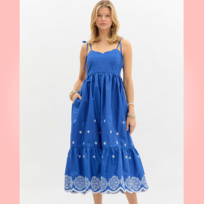 Blue Embroidered Midi Dress
