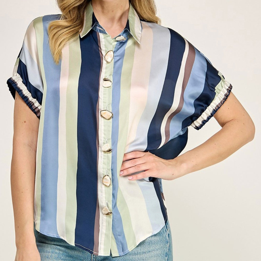 Button Accent Vertical Stripe Top