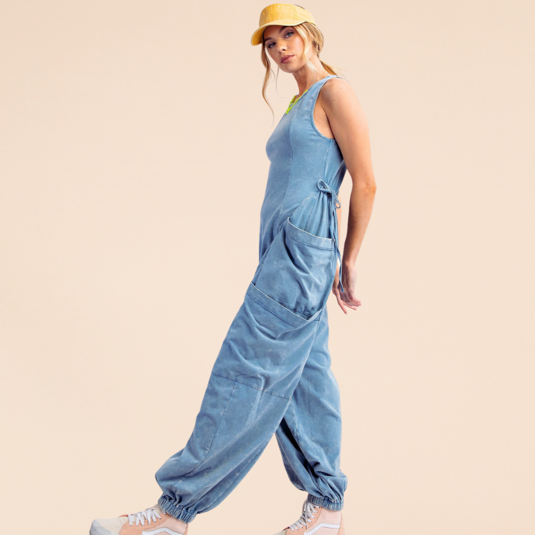 Sleeveless Washed Cargo Jumpsuit