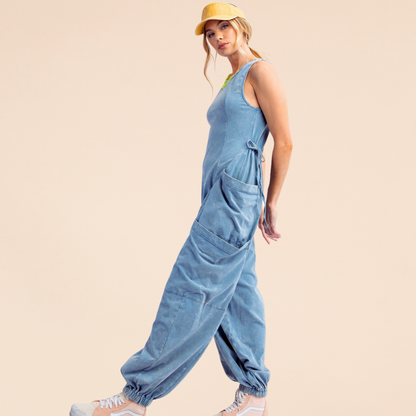 Sleeveless Washed Cargo Jumpsuit