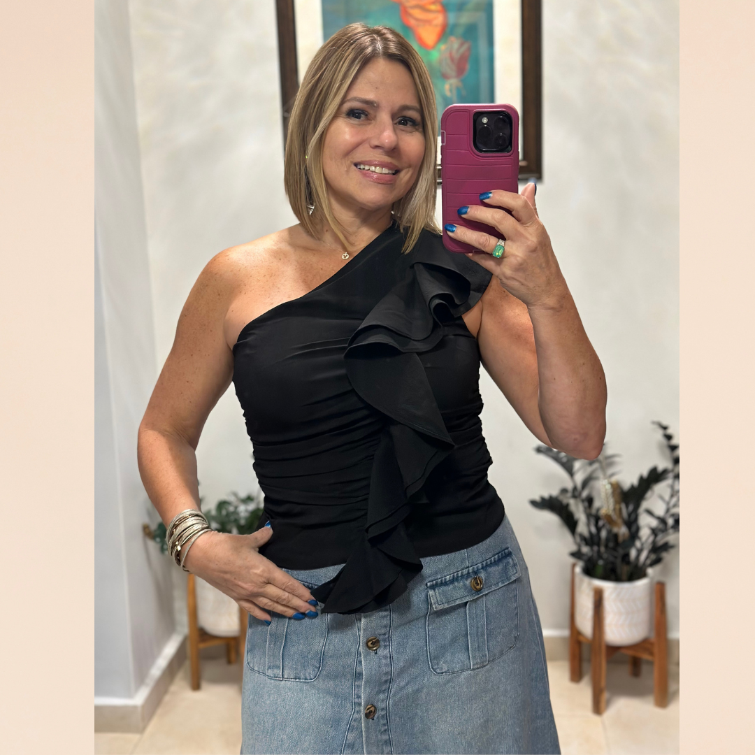 Black Ruffle Ruched Top