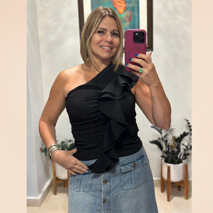 Black Ruffle Ruched Top
