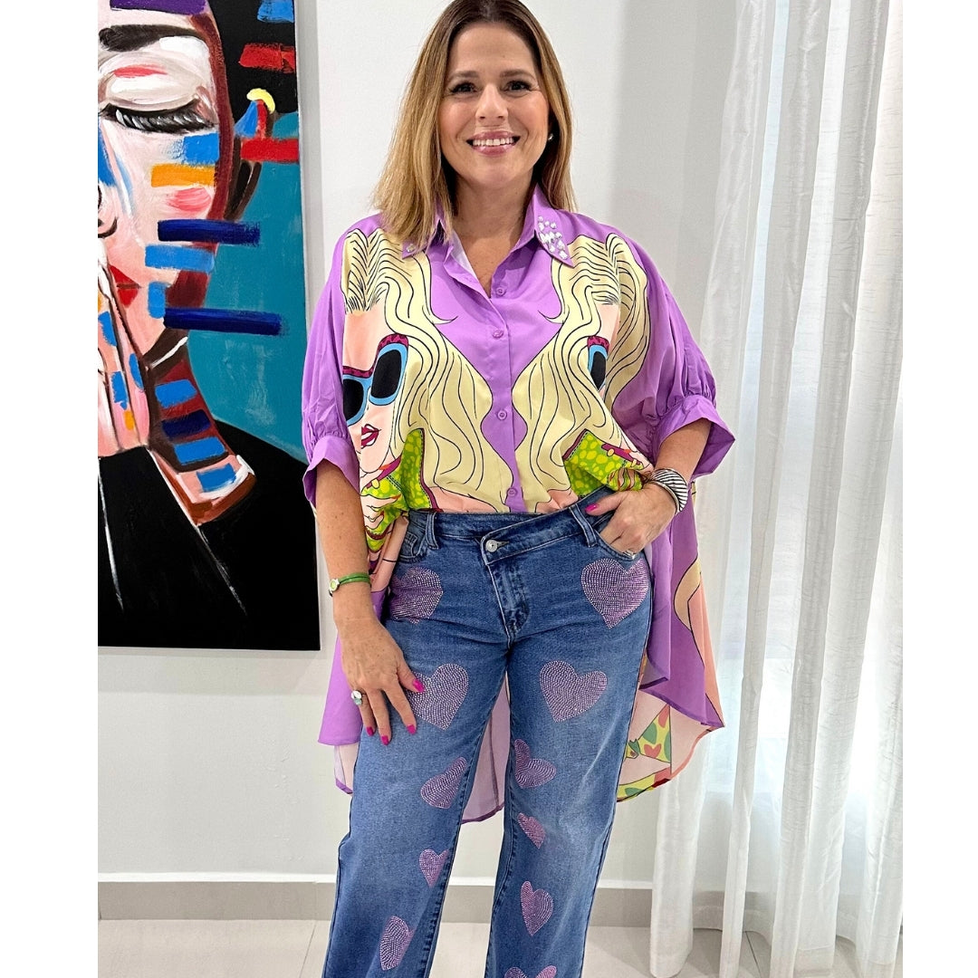 Pink Rhinestone Wide Jeans