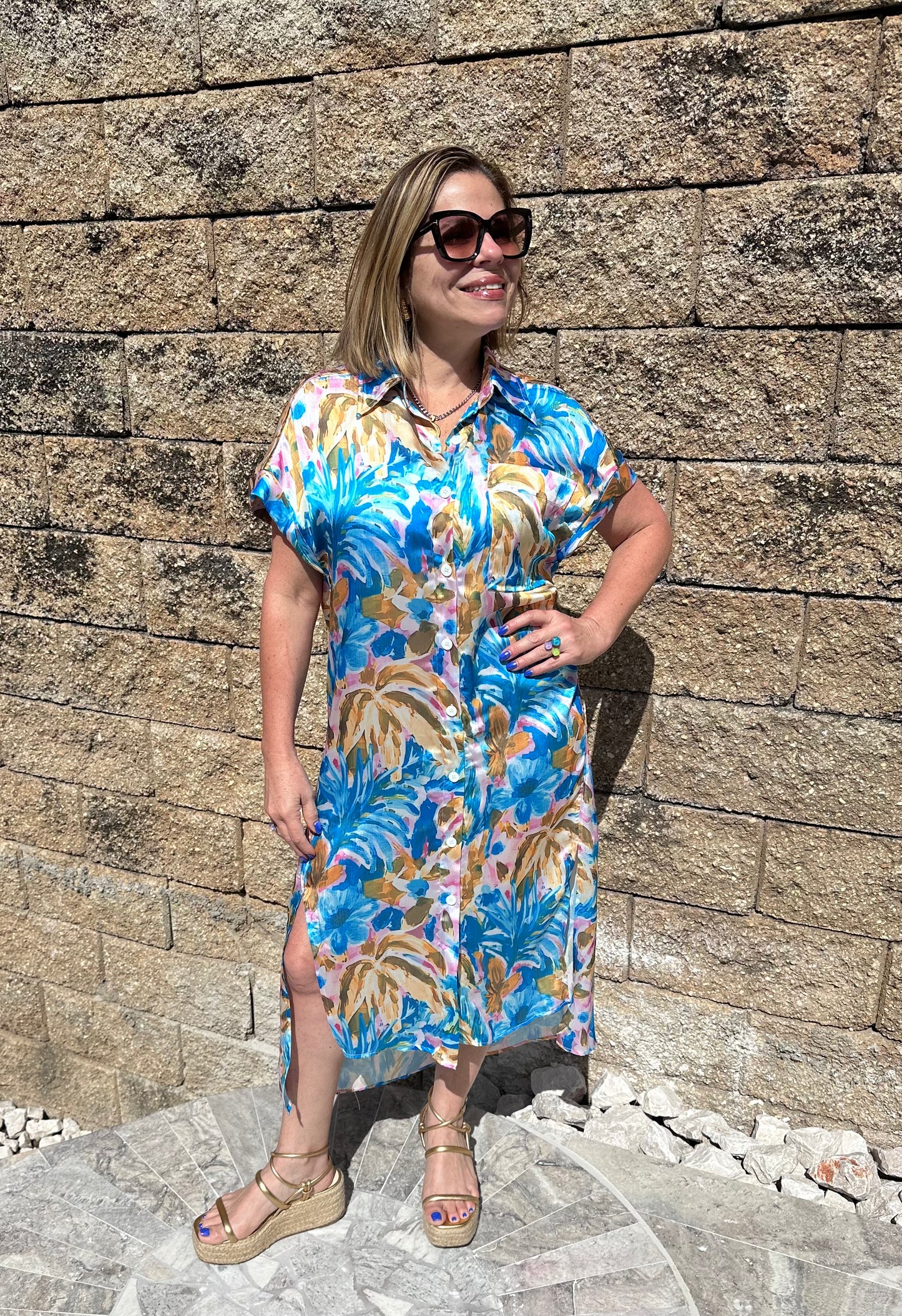 Print Button Down Shirt Dress