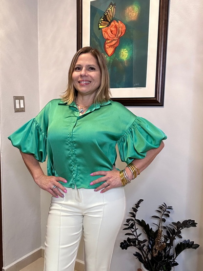 Satin Bubble Sleeve Shirt